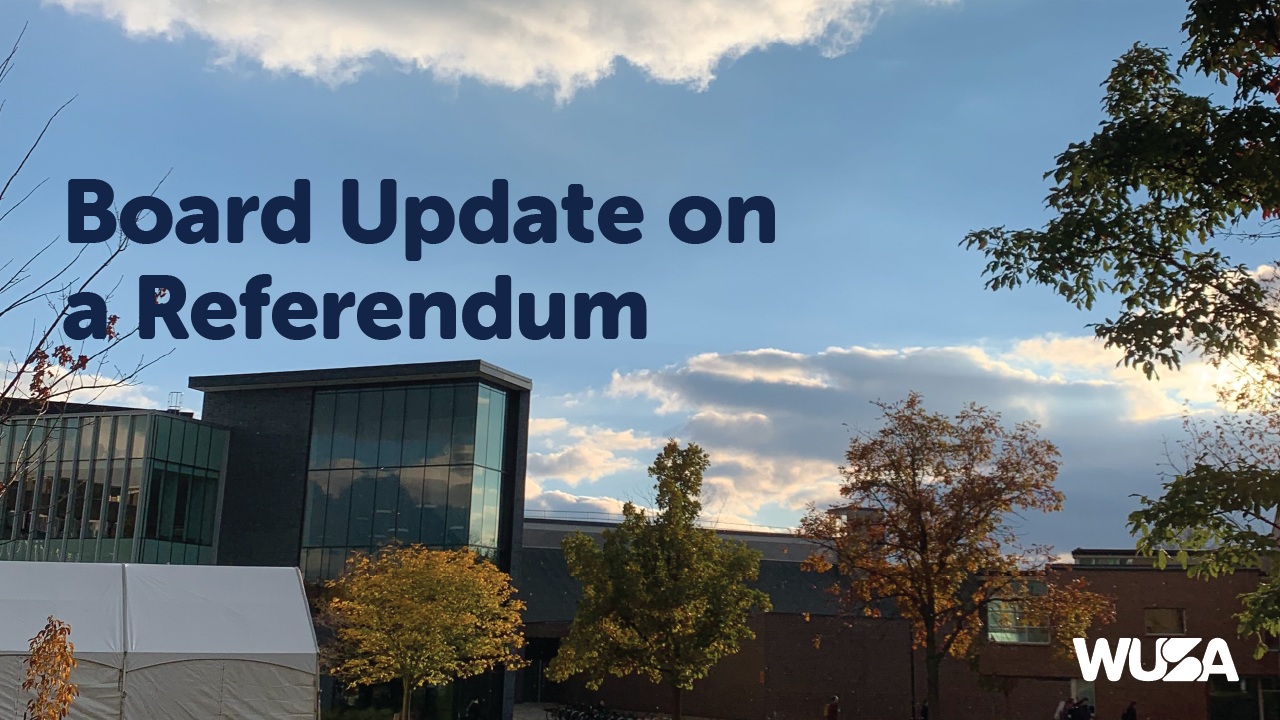 A modern building surrounded by trees with autumn foliage under a partly cloudy sky. Bold text reads "Board Update on the 2024 Investments Referendum." The WUSA logo is visible in the bottom right corner.