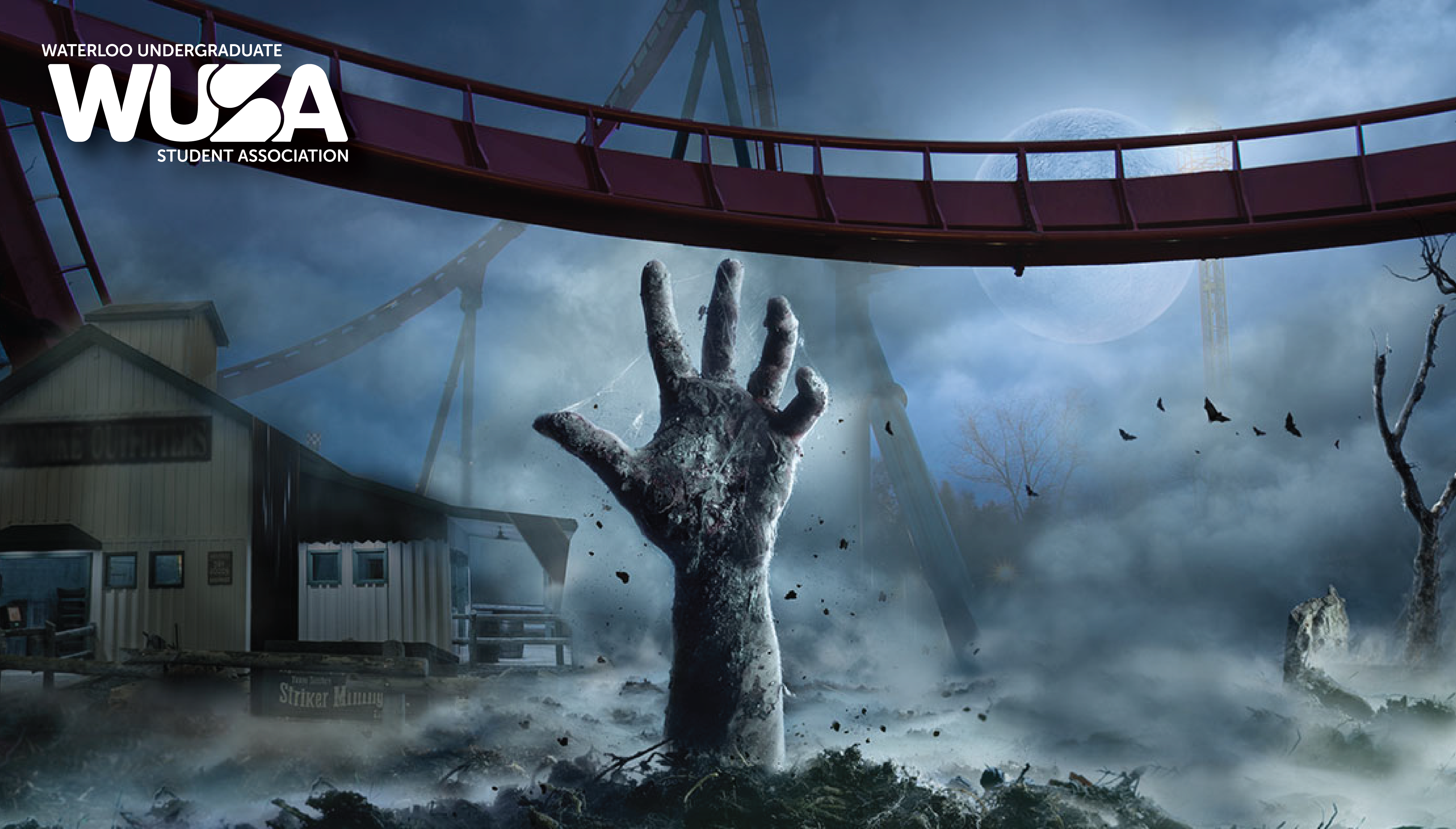 A hand rises from the ground in a spooky scene with a roller coaster, fog, and a building in the background.