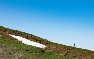 A lone hiker walks along a grassy mountain slope with a patch of snow under a clear blue sky. One side of the mountain features rocky terrain, while the other is lush with green grass. The landscape is expansive and serene.