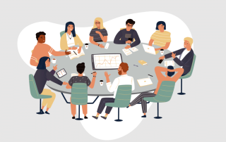 Illustration of a diverse group of people sitting around a large table in a business meeting. Several have laptops, notebooks, and coffee cups. A whiteboard with graphs based on new findings from a recent representative survey is in the center, and individuals are engaged in discussion, taking notes, and listening.