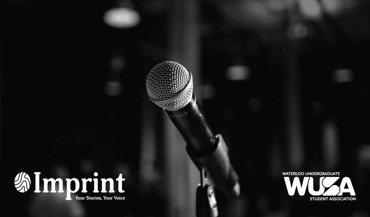 Black and white close-up of a microphone with logos of Imprint and Waterloo Undergraduate Student Association (WUSA), capturing the theme of the responsible partnerships and investment referendum debate.