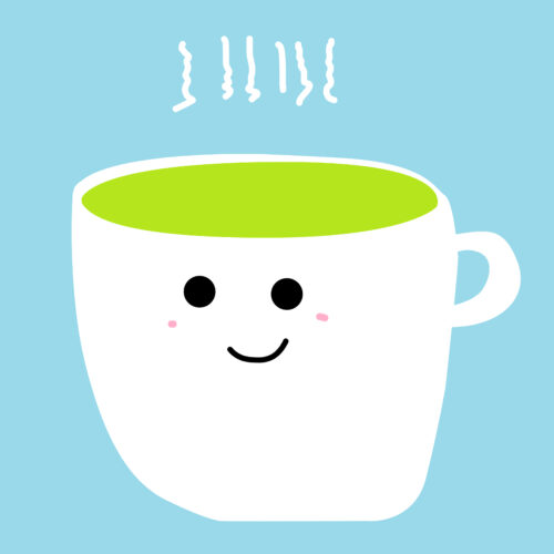 A charming white cup with big black eyes and rosy cheeks, filled with steaming green tea, smiles warmly. Set against a light blue background, this delightful image beautifully celebrates tea culture as part of the UW Tea and Culture Club Membership.