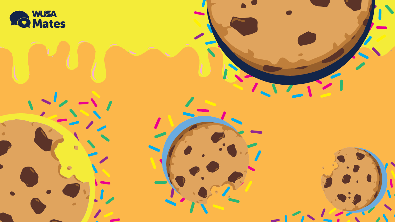 Illustration of chocolate chip cookies with sprinkles, showcasing cookie design on a vibrant yellow and orange background.