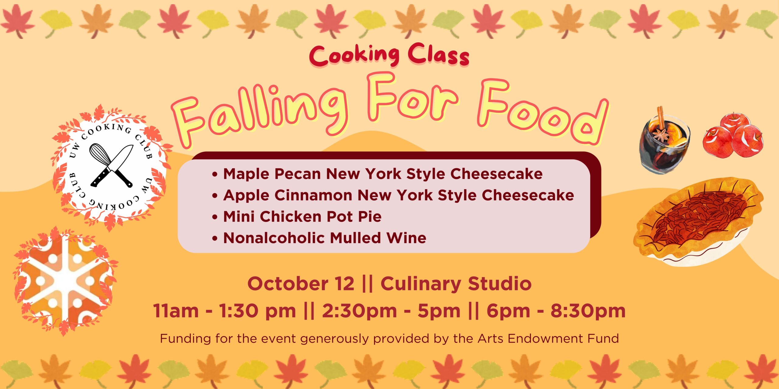 Cooking class poster with fall leaves theme, menu items listed, and event details for October 12 at Culinary Studio.