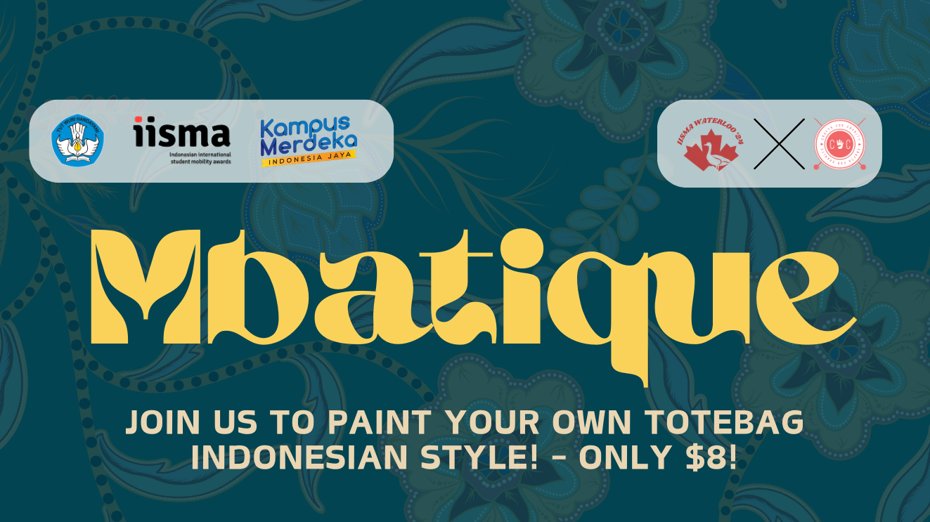 Event poster for "Mbatique" featuring tote bag painting in Indonesian style, on 27 Oct, 1-3 pm, SLC.