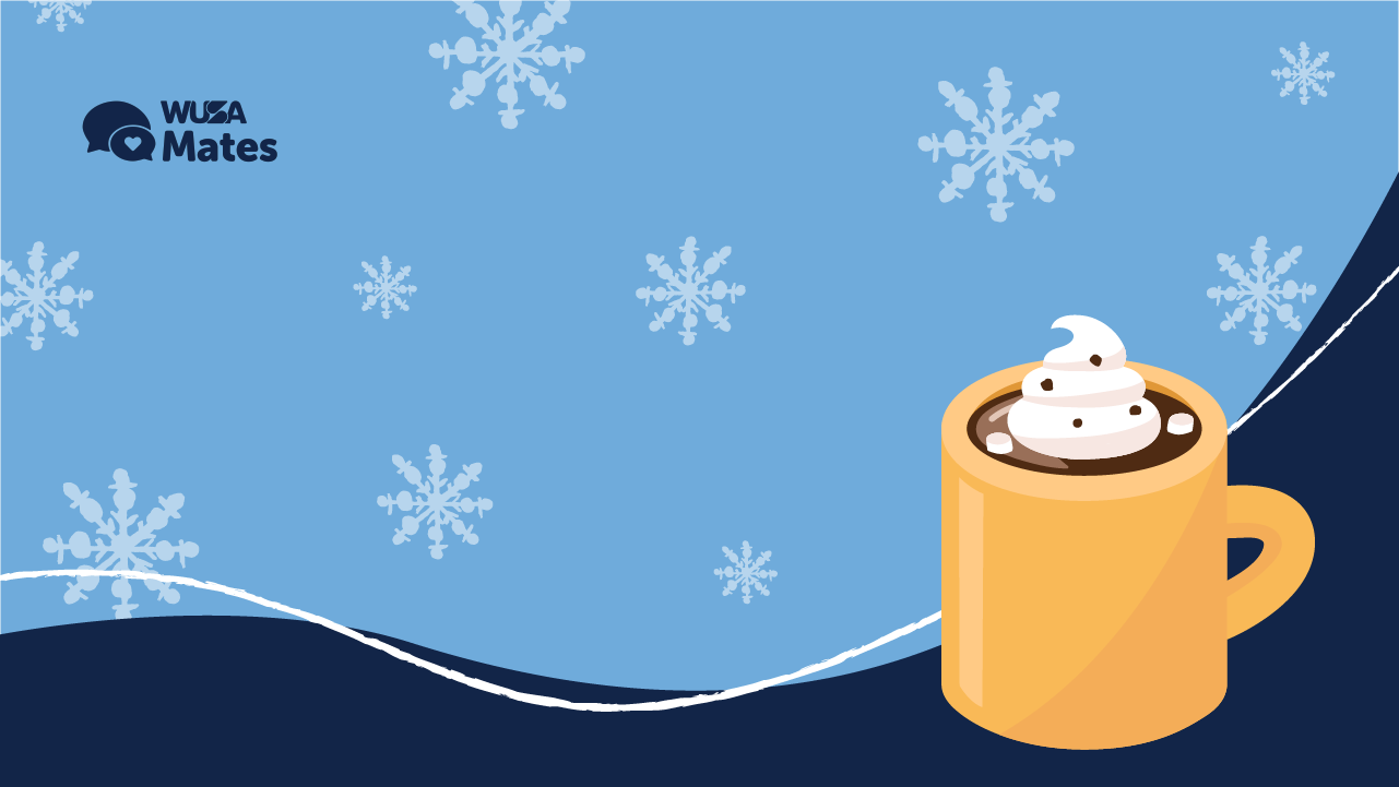 A yellow mug overflowing with creamy hot chocolate sits against a blue snowy background, adorned with delicate snowflakes.