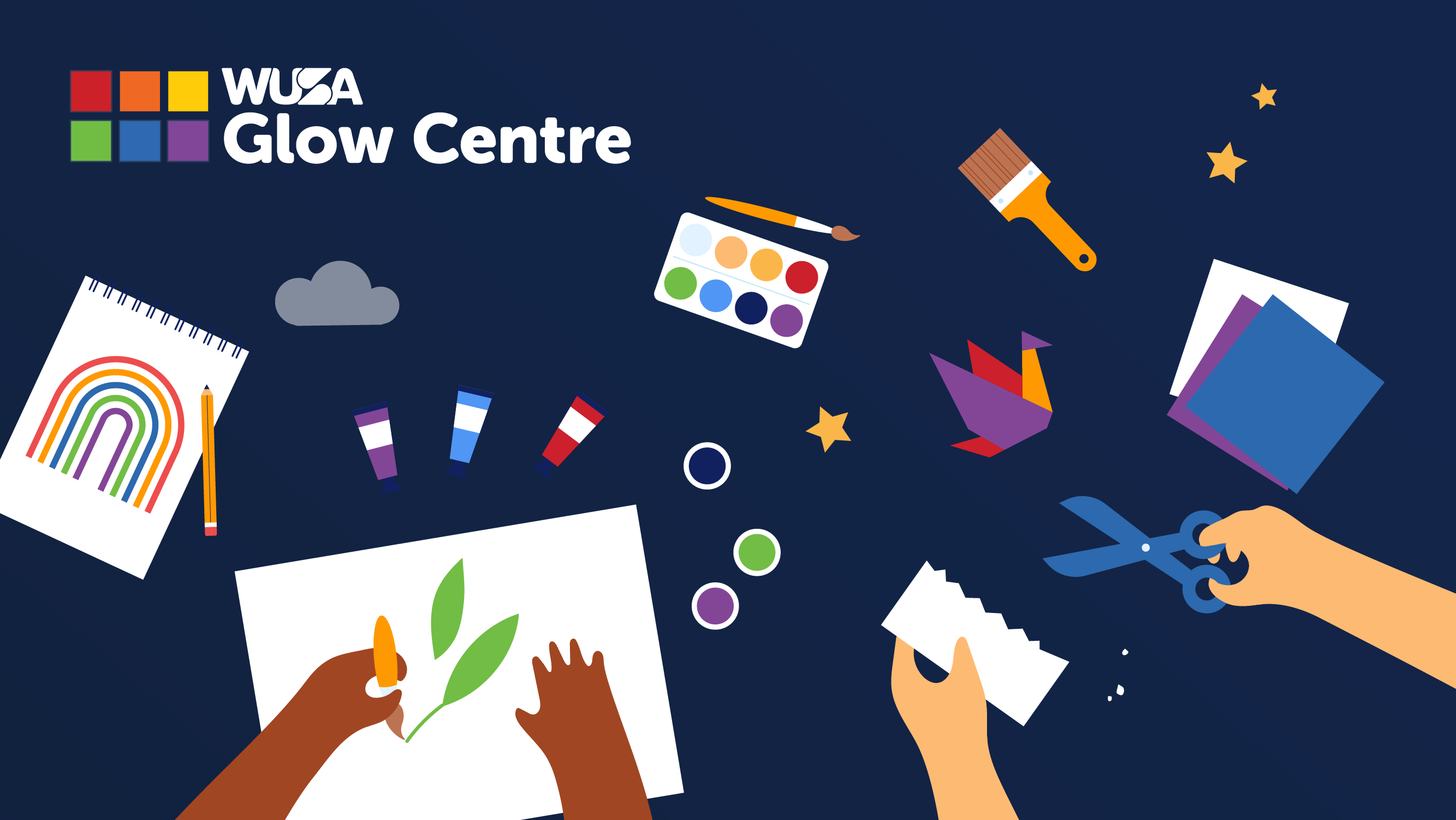 Art supplies and hands crafting against a navy background set the scene for some Monday Funday creativity at "WUSA Glow Centre.