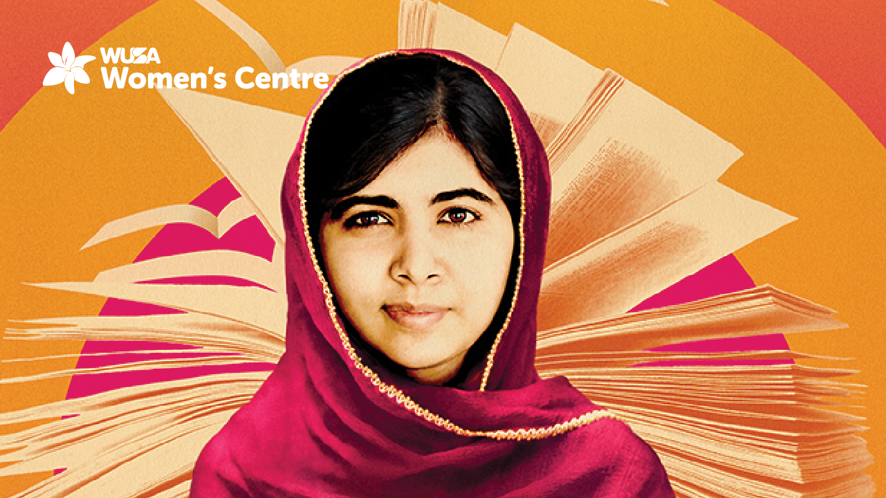 Portrait of a woman in a red headscarf with stylized book pages in the background, reminiscent of "He Named Me Malala," with text: "Women's Centre.