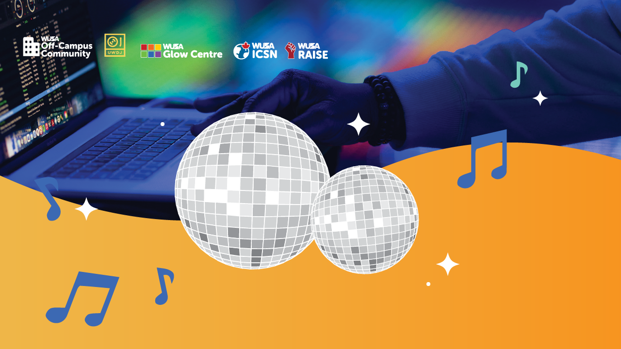 A person uses a laptop with disco balls and musical notes in the foreground, creating an "After Dark" vibe. Logos sit in the top left corner, inviting all ages to join the fun.