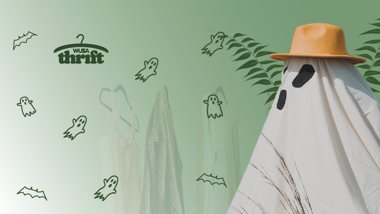 A person dressed as a ghost in a yellow hat stands among floating ghost drawings on a green background.