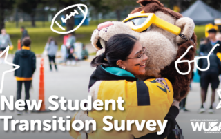 A student embraces the mascot outdoors, surrounded by playful doodles, with the phrase "Student Transition Survey" displayed prominently.