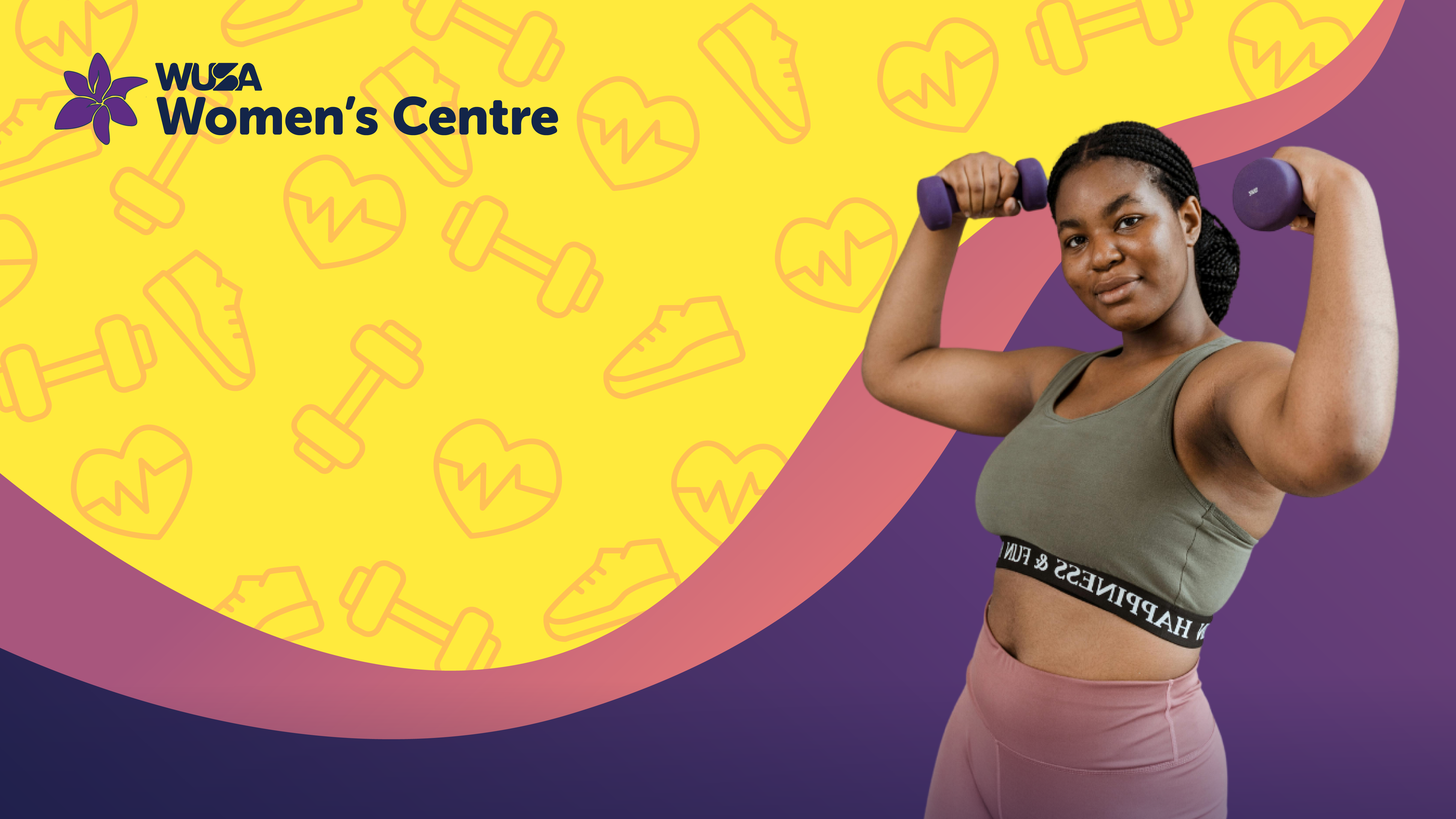 A woman lifts dumbbells, smiling, against a vibrant WUSA Women's Centre backdrop adorned with empowering fitness icons, celebrating strength training.