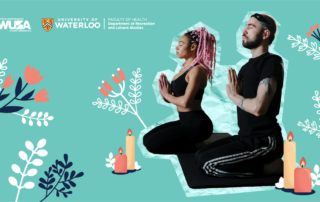 Two people meditating on mats with floral designs and candles, embodying the spirit of Wellness Week. University of Waterloo logos grace the teal background, promoting a serene environment.