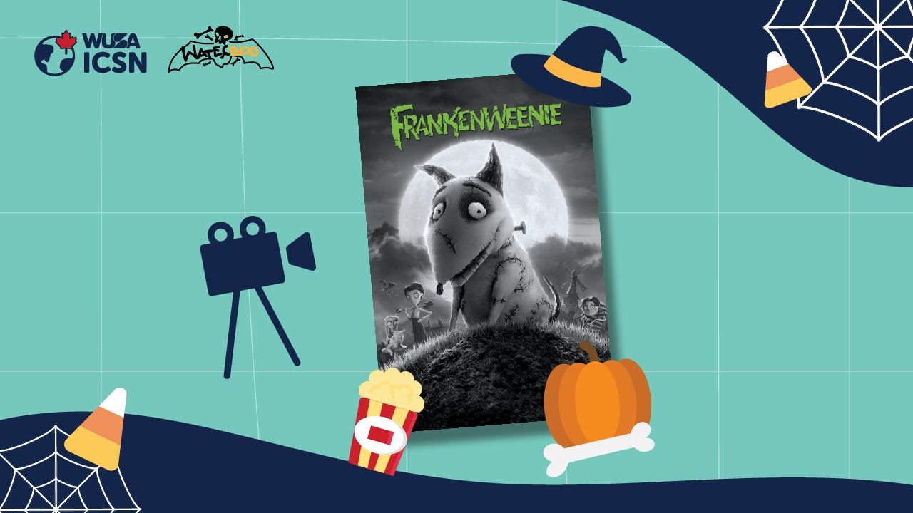 Movie poster for Tim Burton's "Frankenweenie," featuring Halloween-themed icons like candy corn, a pumpkin, and a witch’s hat, all brought to life in charming stop-motion animation.