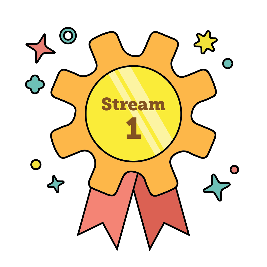 Illustration of a gold medal with "Stream 1" text, adorned with colorful stars and a red ribbon.