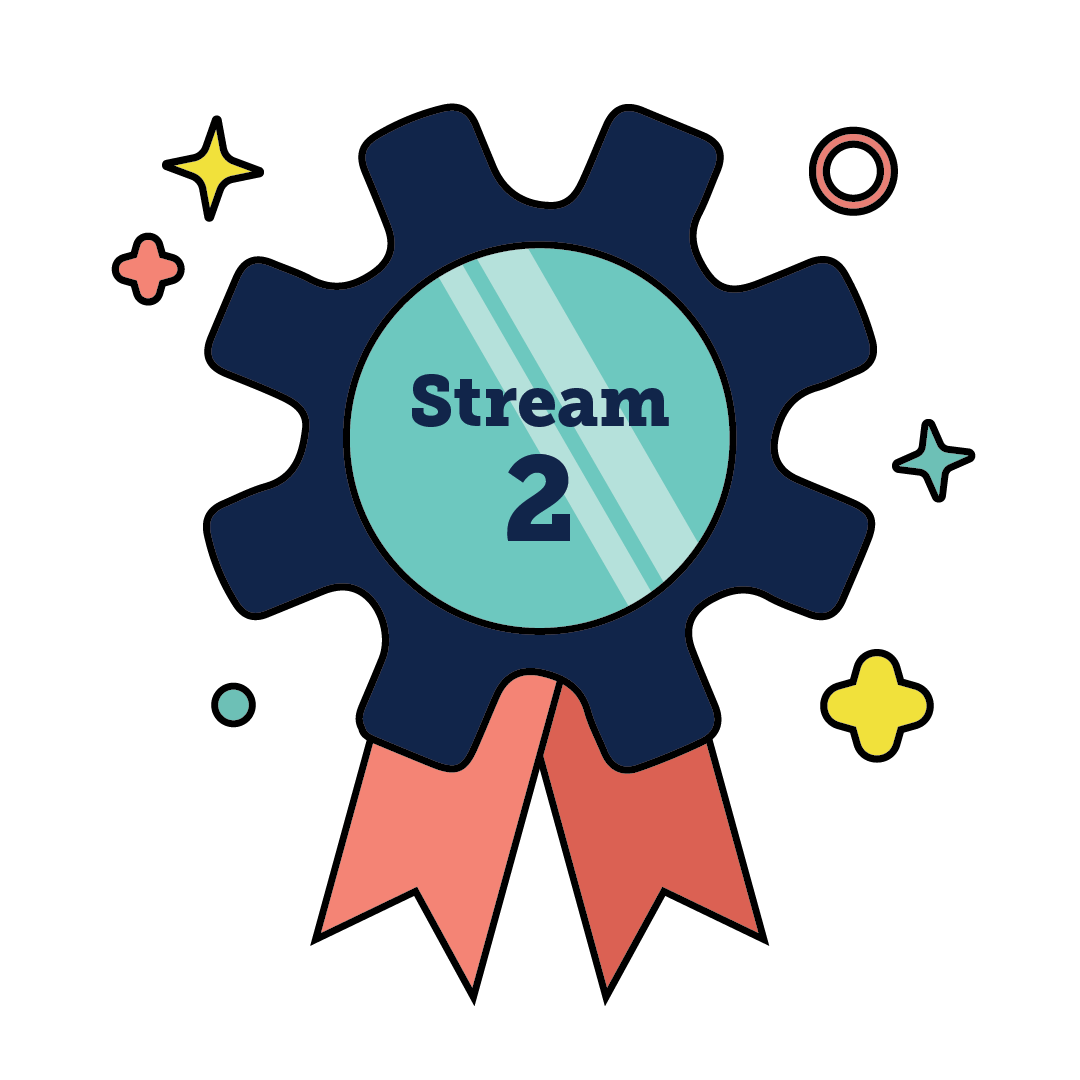 A gear-shaped badge with "Stream 2" text, red ribbons, and colorful star accents.