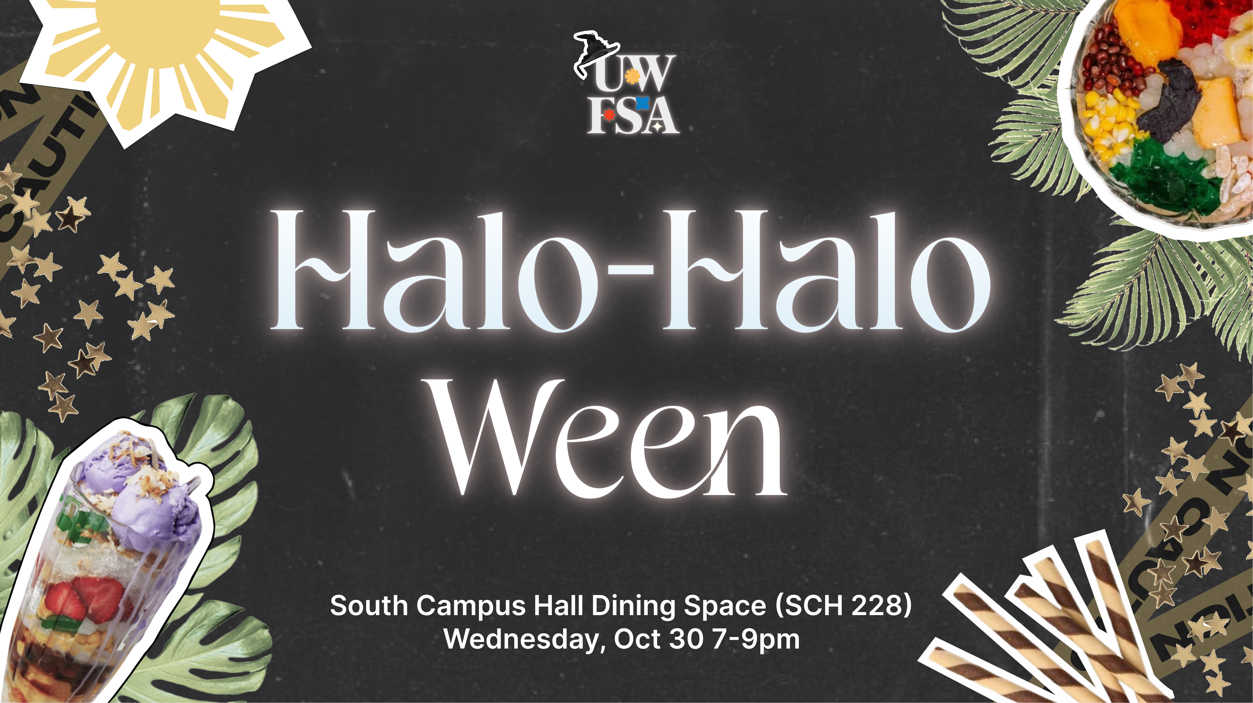 Festive "Halo-Halo Ween" event poster with Filipino halo halo and food decorations, Oct 30, 7-9pm at SCH 228.