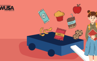 Illustration of a girl beside a snack cart filled with a muffin, milk, an apple, and chips, perfect for fueling up during exam season against a pink background.