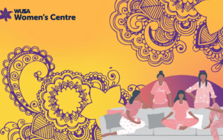 Illustration of five friends in pajamas sitting on a couch under the night sky, surrounded by decorative floral patterns and "WUSA Women's Centre" text.