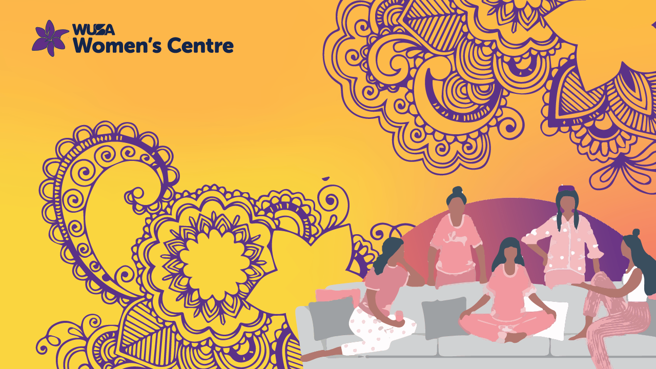 Illustration of five friends in pajamas sitting on a couch under the night sky, surrounded by decorative floral patterns and "WUSA Women's Centre" text.