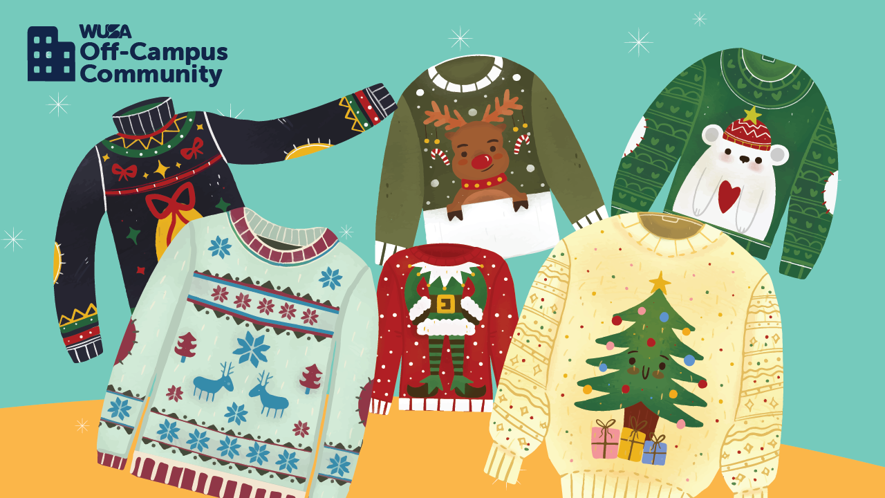 Illustration of six festive sweaters with holiday designs, transforming cozy knitwear into a winter wonderland with patterns featuring reindeer, polar bears, and Christmas trees.