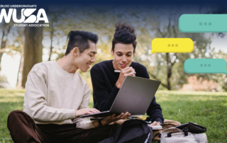 Two students sit on the grass, discussing student voices in post-secondary education while using a laptop. Message bubbles float above them as they engage with the "Waterloo Undergraduate Student Association" logo nearby.