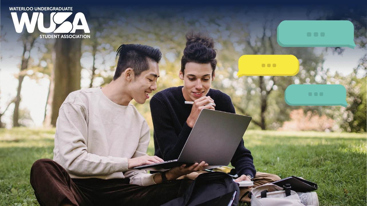 Two students sit on the grass, discussing student voices in post-secondary education while using a laptop. Message bubbles float above them as they engage with the "Waterloo Undergraduate Student Association" logo nearby.