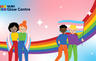 Illustration of diverse characters with a rainbow backdrop, one holding a transgender pride flag, under "WUSA Glow Centre" text. This vibrant piece serves as a reminder of Transgender Day of Remembrance, honoring those we've lost and celebrating resilience.