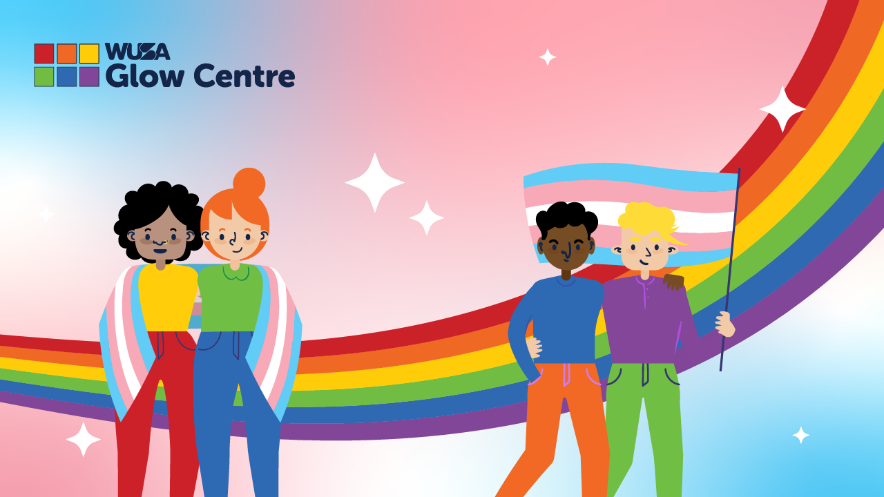 Illustration of diverse characters with a rainbow backdrop, one holding a transgender pride flag, under "WUSA Glow Centre" text. This vibrant piece serves as a reminder of Transgender Day of Remembrance, honoring those we've lost and celebrating resilience.