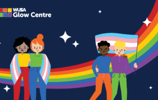 Illustration of diverse individuals in front of a rainbow, with one holding a transgender flag, set against a starry sky, celebrating Transgender Awareness Week 2024.