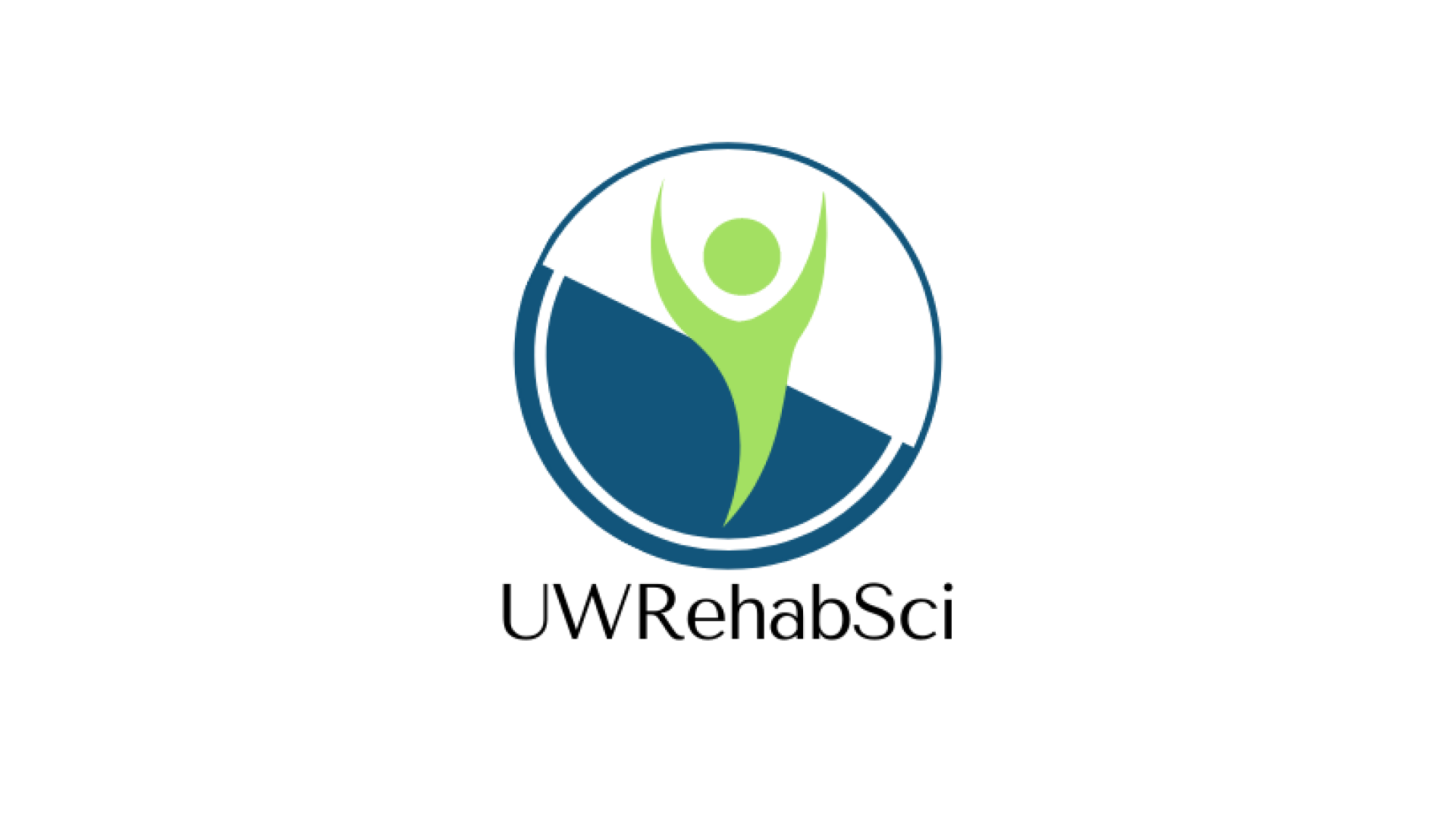 Logo of UWRehabSci featuring a green human figure inside a blue and white circle, symbolizing the innovative spirit of the RehabSci Lab.