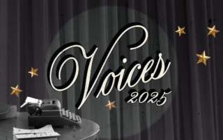 Retro style image featuring "Voices 2025" text with a vintage typewriter and gold stars, celebrating Women in Music on a curtain background.