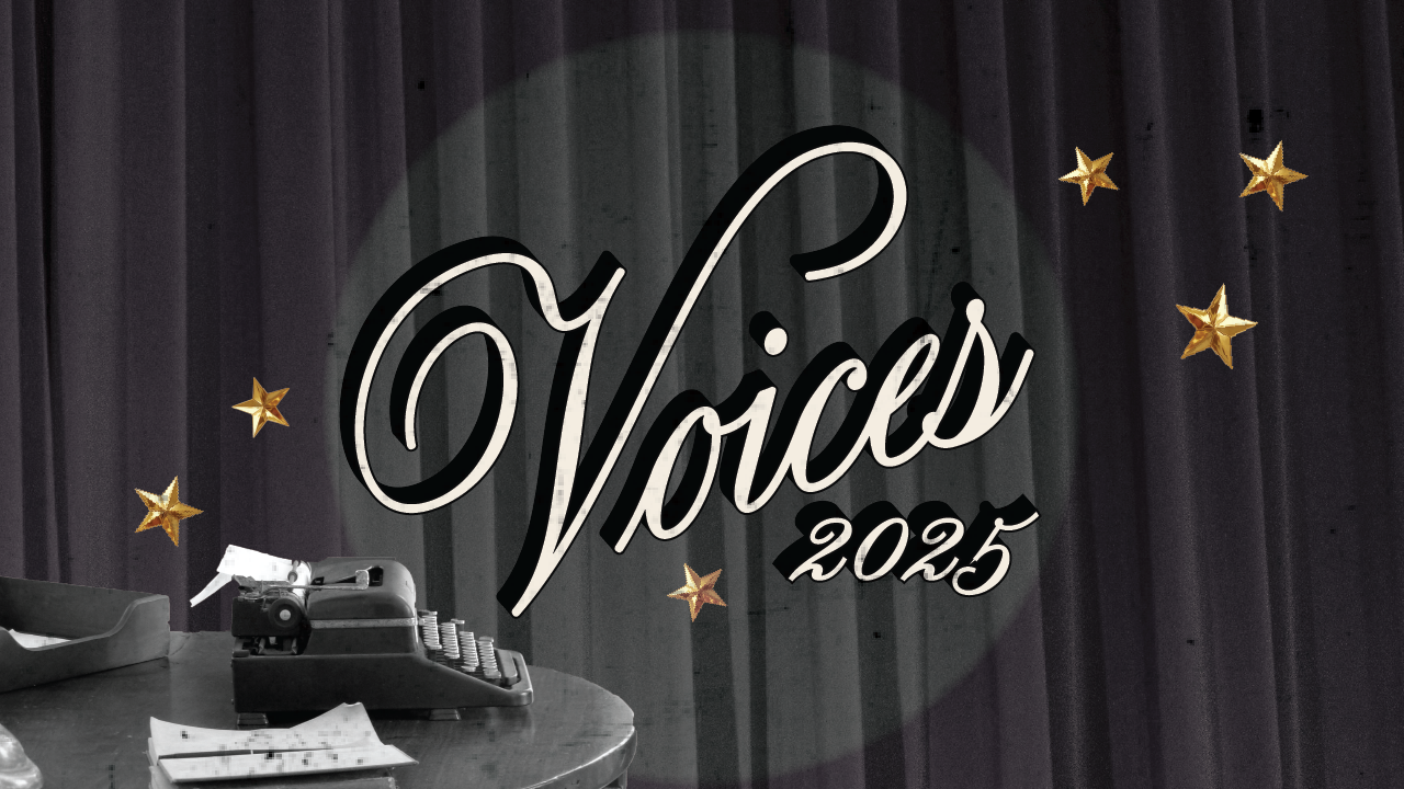 Retro style image featuring "Voices 2025" text with a vintage typewriter and gold stars, celebrating Women in Music on a curtain background.