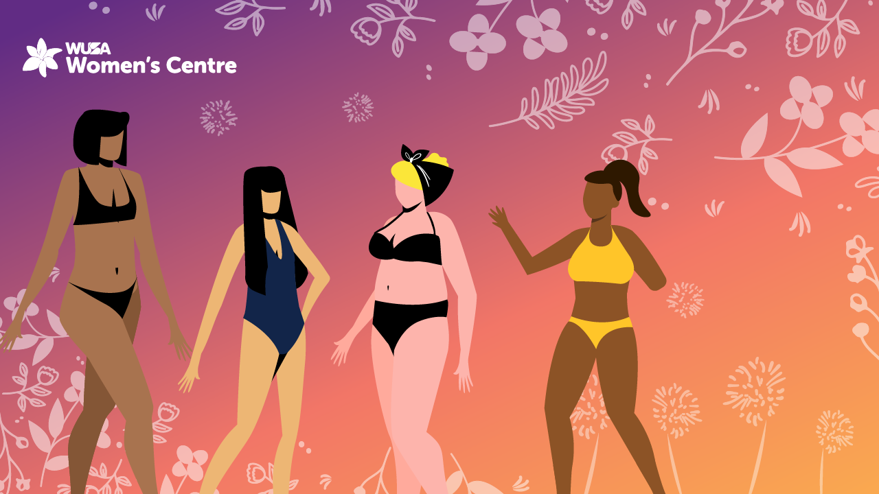 Four women in swimsuits with varied body types stand confidently against a floral gradient background, celebrating Love Your Body Week.