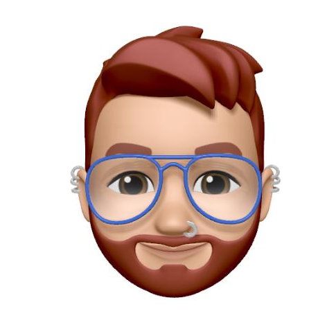 Cartoon avatar with red hair, beard, blue glasses, and piercings on ears and nose, smiling.