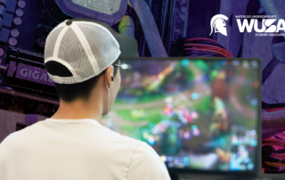 A person wearing a cap is engrossed in gaming, playing on a blurred screen. The WUSA logo graces the corner, giving off an esports vibe perfect for any gaming lounge.