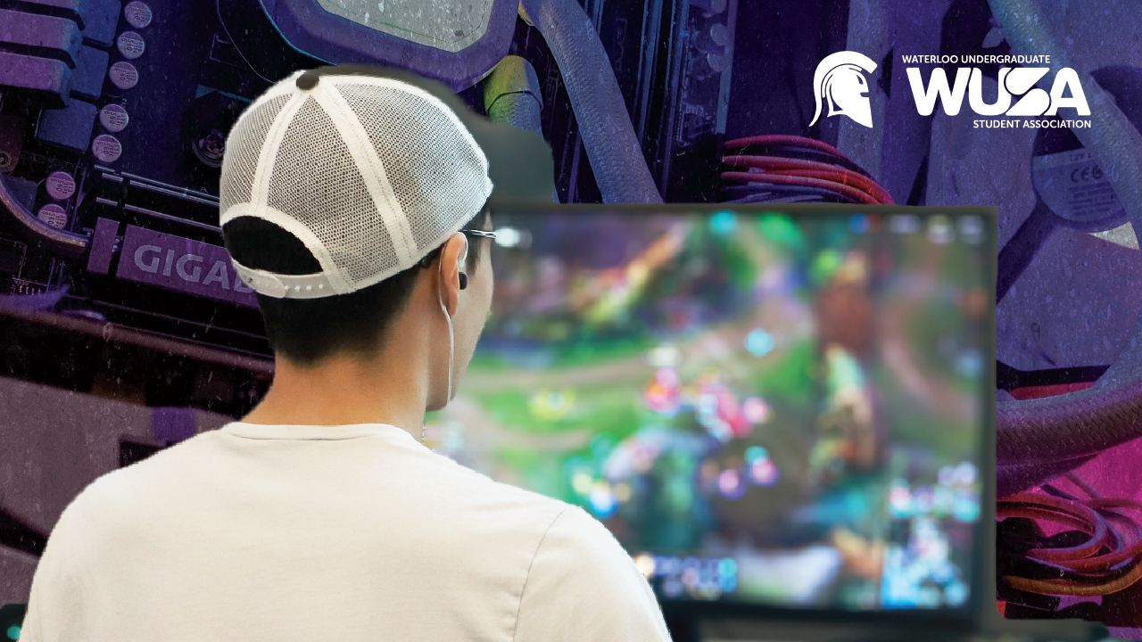 A person wearing a cap is engrossed in gaming, playing on a blurred screen. The WUSA logo graces the corner, giving off an esports vibe perfect for any gaming lounge.