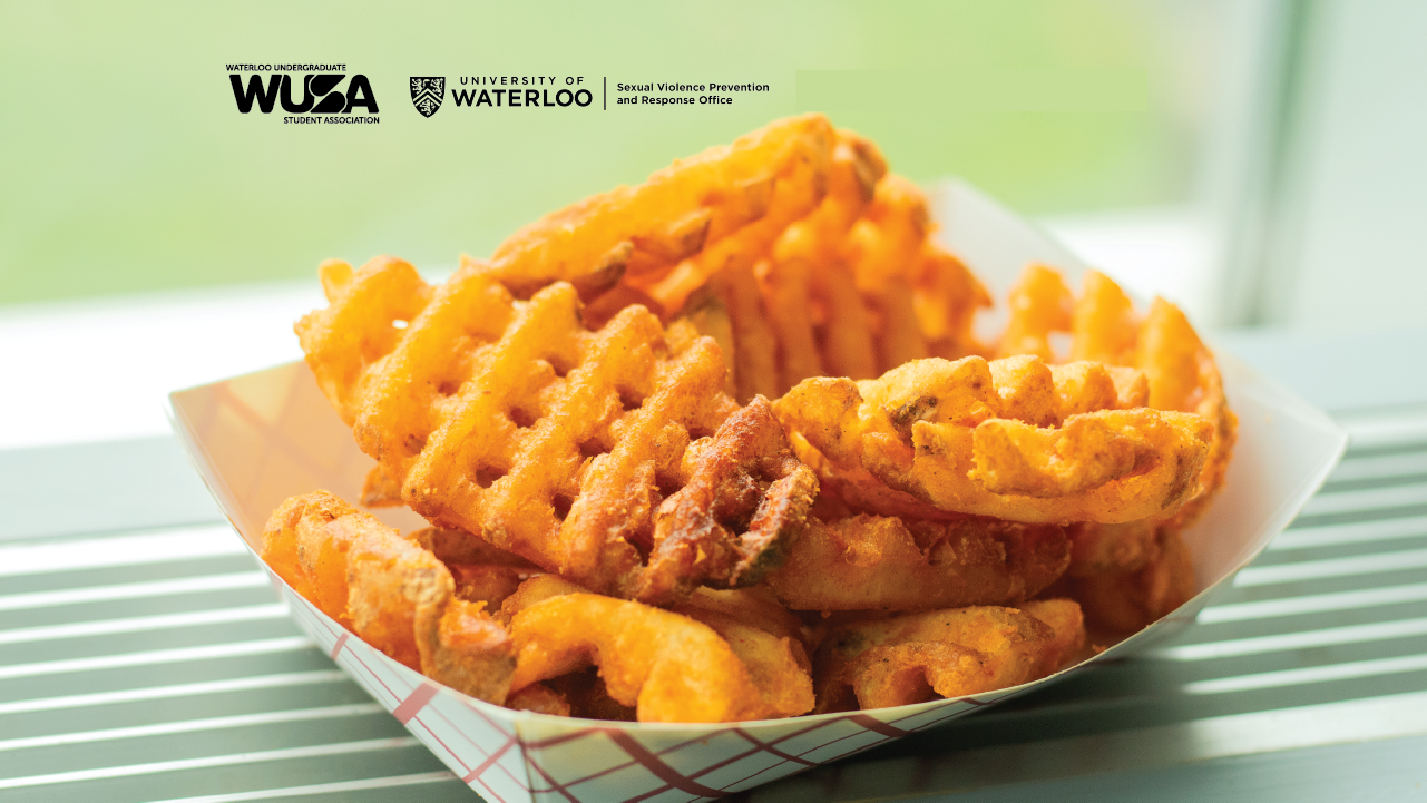 Crispy waffle fries rest invitingly in a paper tray on a striped surface, the University of Waterloo logos proudly displayed in the background.