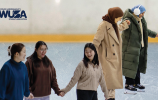 Five people, like warriors on ice, hold hands while gliding across the rink. Some are bundled in winter coats and hats, exuding warmth and camaraderie. The WUSA logo is prominently visible in the top left corner.