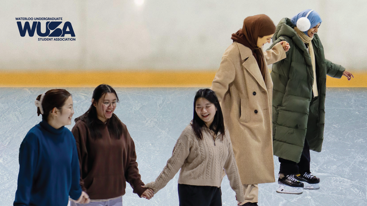 Five people, like warriors on ice, hold hands while gliding across the rink. Some are bundled in winter coats and hats, exuding warmth and camaraderie. The WUSA logo is prominently visible in the top left corner.