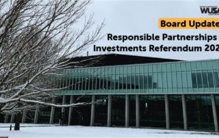 Modern building with glass facade, snowy tree, and text about December Board Update: Responsible Partnerships & Investments 2024.