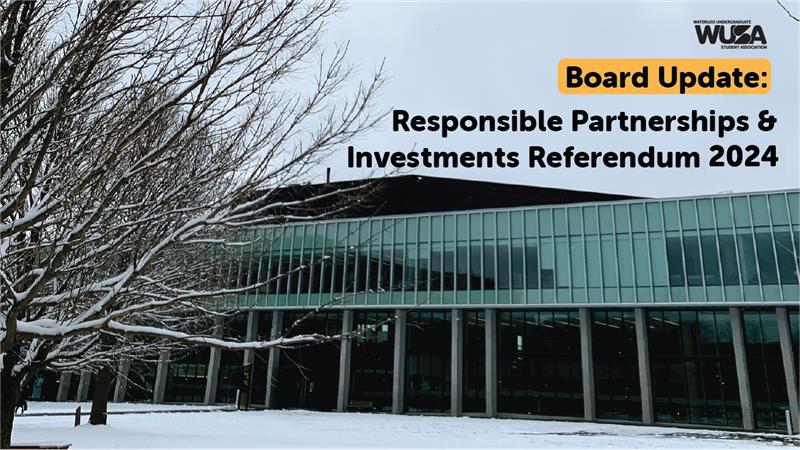 Modern building with glass facade, snowy tree, and text about December Board Update: Responsible Partnerships & Investments 2024.