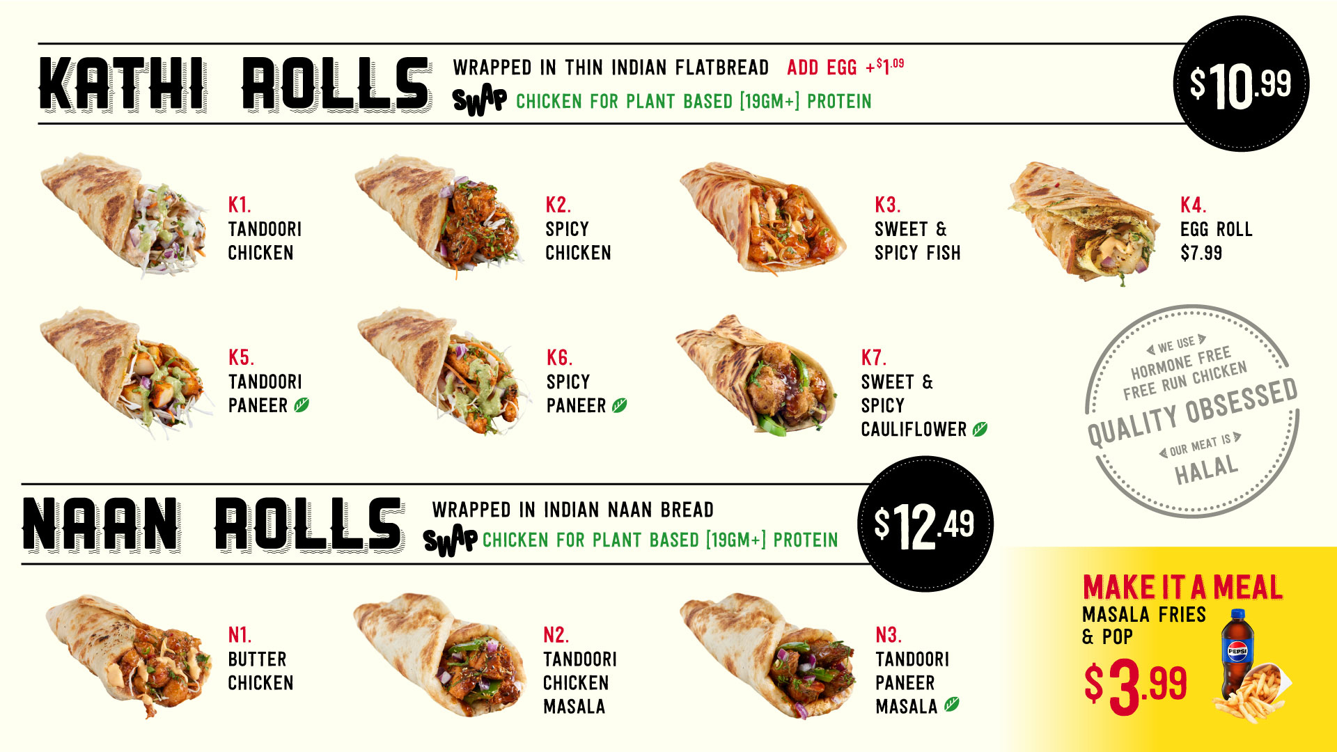 Menu of Kathi Rolls and Naan Rolls with prices and options like chicken or paneer fillings, and meal deals.