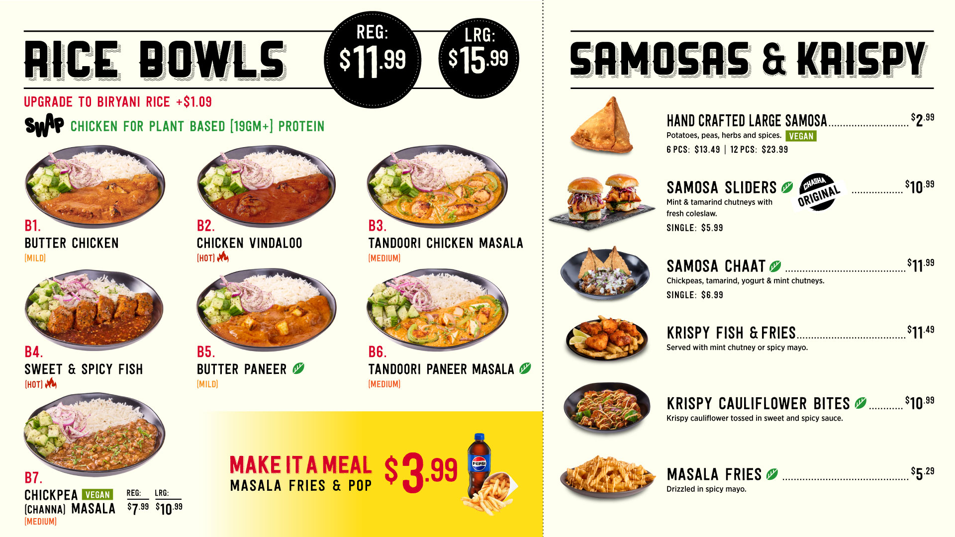 A menu showing rice bowls with various curries and samosas with crispy sides, including prices and meal options.