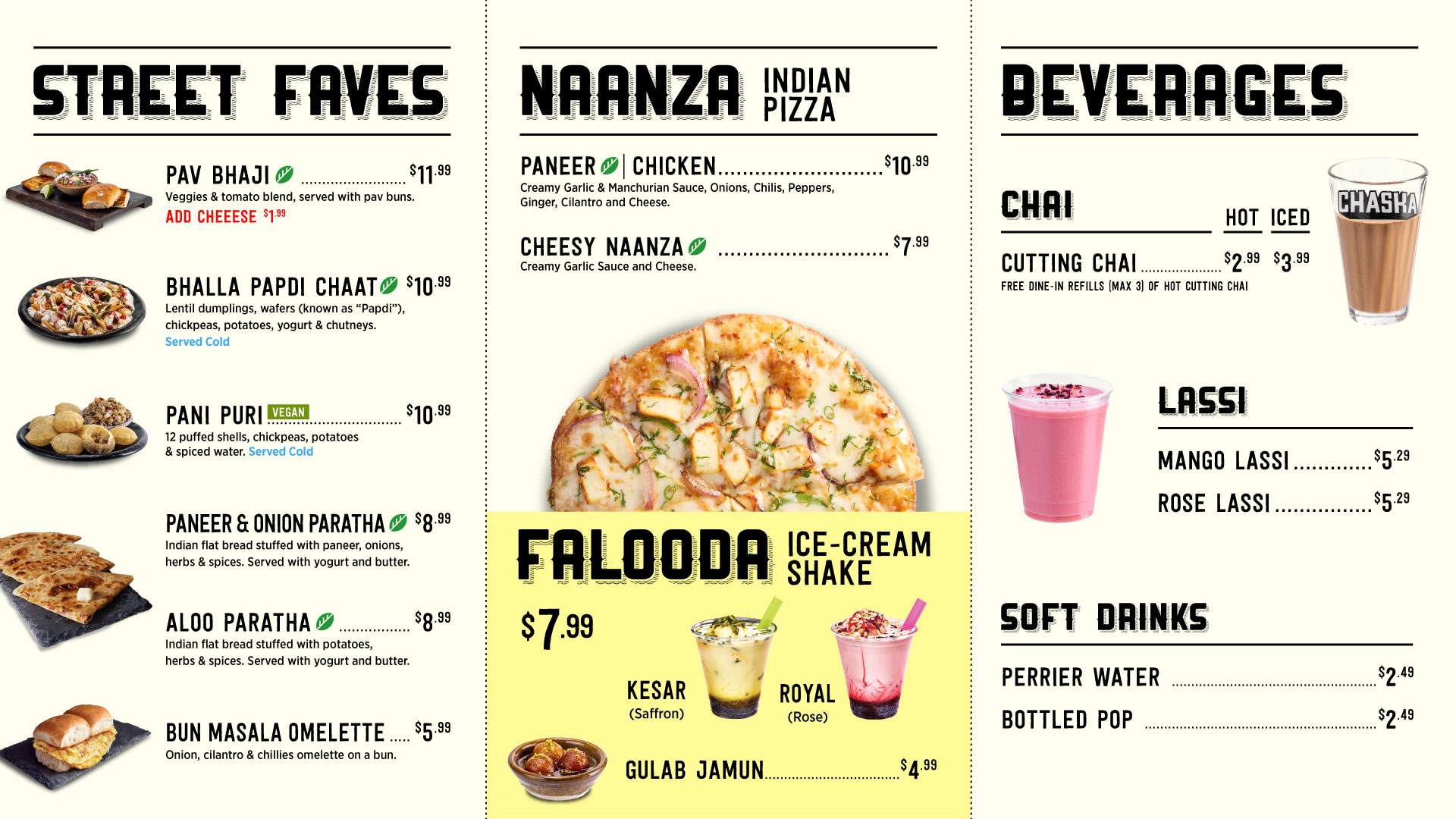 Menu featuring street food, Indian pizza, and drinks like chai, lassi, falooda, with prices and descriptions.