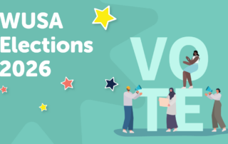 A group of people standing next to a sign promoting the WUSA General Election. Vote Now!.
