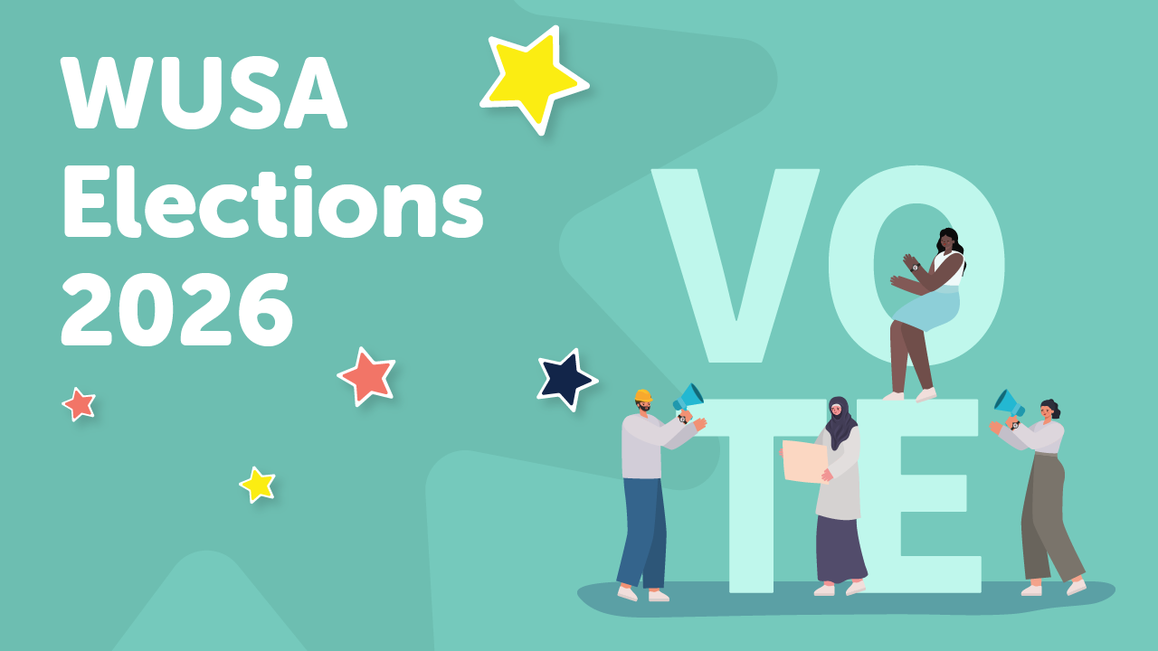 A group of people standing next to a sign promoting the WUSA General Election. Vote Now!.