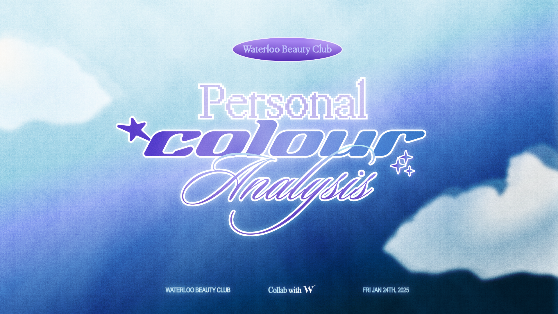 Abstract design with text: "Waterloo Beauty Club - Expert Personal Colour Analysis." Dreamy blue and purple background.