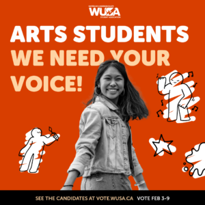 Smiling woman in front of "ARTS STUDENTS WE NEED YOUR VOICE!" text, surrounded by cartoon figures and bold graphics, encouraging students to cast their vote in the upcoming election.