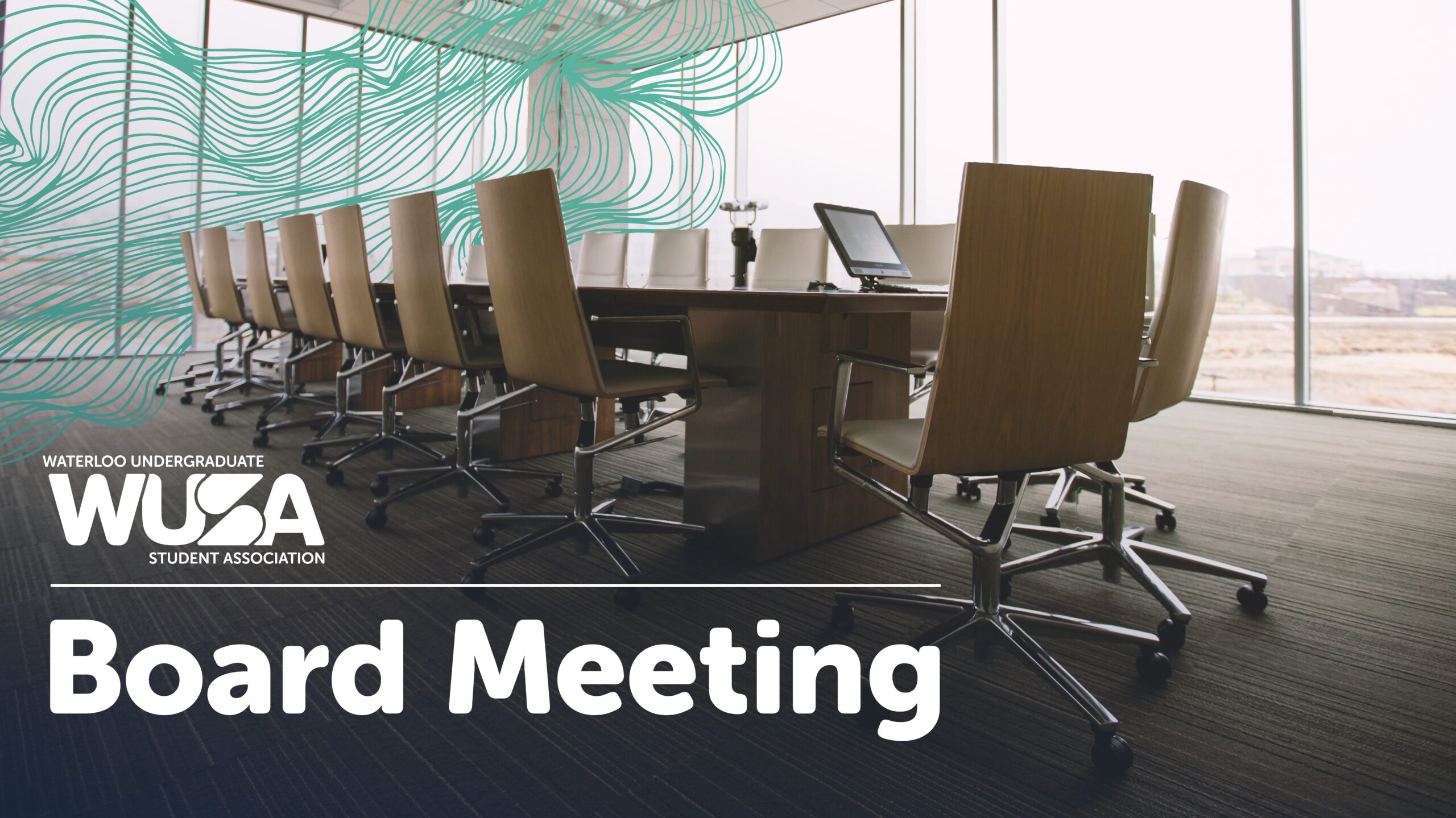 The boardroom sits ready for the WUSA Student Association, featuring a long table and swivel chairs bathed in natural light streaming through large windows, setting the perfect stage for a productive board meeting.